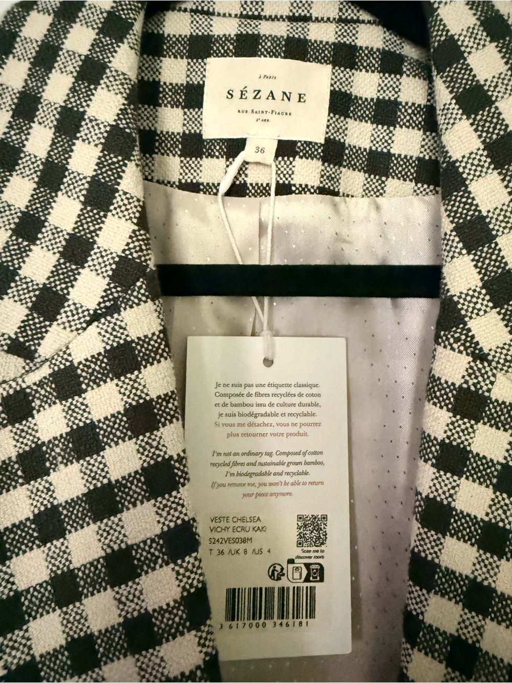 🌿NWT - Sezane Chelsea Gingham Blazer in Ecru & Khaki - size US 4 - Picture 8 of 11